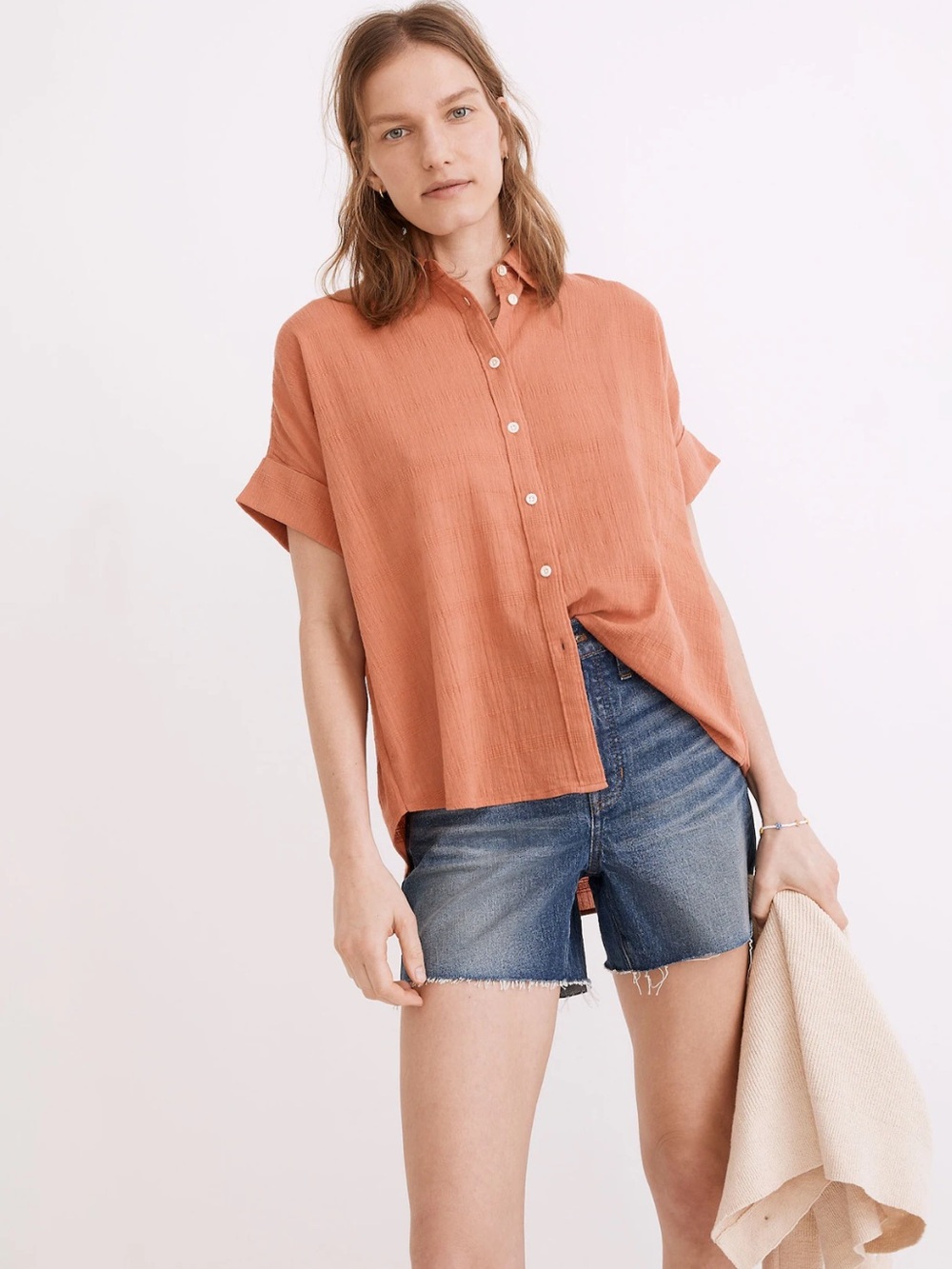 Madewell Dahlia Color Courier Pintuck-Back Textured Windowpane Button Top Size M